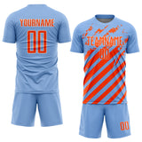 Custom Light Blue Orange-White Distressed Diagonal Stripe Pattern Sports Sublimation Soccer Uniform Jersey