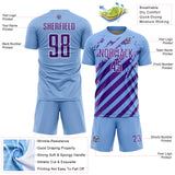 Custom Light Blue Purple-White Distressed Diagonal Stripe Pattern Sports Sublimation Soccer Uniform Jersey