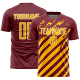 Custom Burgundy Gold-White Distressed Diagonal Stripe Pattern Sports Sublimation Soccer Uniform Jersey