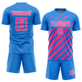 Custom Powder Blue Pink-White Distressed Diagonal Stripe Pattern Sports Sublimation Soccer Uniform Jersey