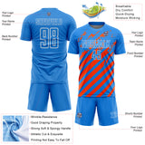 Custom Powder Blue White-Orange Distressed Diagonal Stripe Pattern Sports Sublimation Soccer Uniform Jersey