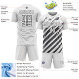 Custom White Steel Gray Distressed Diagonal Stripe Pattern Sports Sublimation Soccer Uniform Jersey