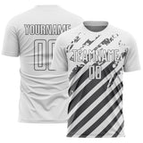 Custom White Steel Gray Distressed Diagonal Stripe Pattern Sports Sublimation Soccer Uniform Jersey