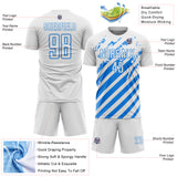 Custom White Powder Blue Distressed Diagonal Stripe Pattern Sports Sublimation Soccer Uniform Jersey
