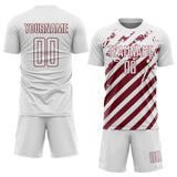 Custom White Burgundy Distressed Diagonal Stripe Pattern Sports Sublimation Soccer Uniform Jersey