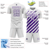 Custom White Purple Distressed Diagonal Stripe Pattern Sports Sublimation Soccer Uniform Jersey