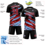 Custom Black Red Light Blue-White Grunge Stripe And Grainy Sports Sublimation Soccer Uniform Jersey