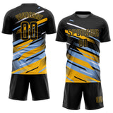 Custom Black Light Blue Gold-White Grunge Stripe And Grainy Sports Sublimation Soccer Uniform Jersey