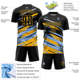 Custom Black Light Blue Gold-White Grunge Stripe And Grainy Sports Sublimation Soccer Uniform Jersey