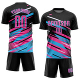 Custom Black Pink Sky Blue-White Grunge Stripe And Grainy Sports Sublimation Soccer Uniform Jersey