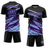 Custom Black Purple Light Blue-White Grunge Stripe And Grainy Sports Sublimation Soccer Uniform Jersey