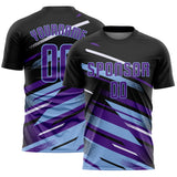 Custom Black Purple Light Blue-White Grunge Stripe And Grainy Sports Sublimation Soccer Uniform Jersey