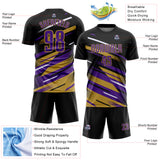 Custom Black Purple Old Gold-White Grunge Stripe And Grainy Sports Sublimation Soccer Uniform Jersey