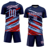 Custom Navy Light Blue Red-White Grunge Stripe And Grainy Sports Sublimation Soccer Uniform Jersey