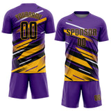 Custom Purple Black Gold-White Grunge Stripe And Grainy Sports Sublimation Soccer Uniform Jersey