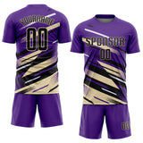 Custom Purple Black Cream-White Grunge Stripe And Grainy Sports Sublimation Soccer Uniform Jersey