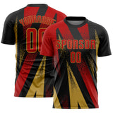 Custom Black Red-Old Gold Radial Burst Sports Sublimation Soccer Uniform Jersey
