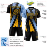 Custom Black Light Blue-Gold Radial Burst Sports Sublimation Soccer Uniform Jersey