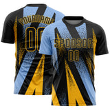 Custom Black Light Blue-Gold Radial Burst Sports Sublimation Soccer Uniform Jersey