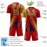 Custom Red Old Gold-Navy Radial Burst Sports Sublimation Soccer Uniform Jersey