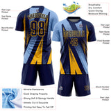 Custom Navy Light Blue-Gold Radial Burst Sports Sublimation Soccer Uniform Jersey