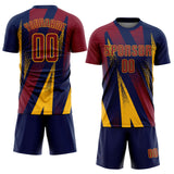 Custom Navy Crimson-Gold Radial Burst Sports Sublimation Soccer Uniform Jersey