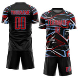 Custom Black Red Light Blue-White Abstract Geometric Stripes Sports Sublimation Soccer Uniform Jersey