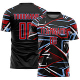 Custom Black Red Light Blue-White Abstract Geometric Stripes Sports Sublimation Soccer Uniform Jersey