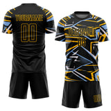Custom Black Light Blue Gold-White Abstract Geometric Stripes Sports Sublimation Soccer Uniform Jersey