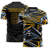 Custom Black Light Blue Gold-White Abstract Geometric Stripes Sports Sublimation Soccer Uniform Jersey
