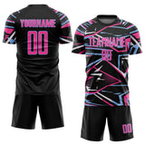 Custom Black Pink Light Blue-White Abstract Geometric Stripes Sports Sublimation Soccer Uniform Jersey