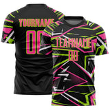 Custom Black Pink Neon Green-White Abstract Geometric Stripes Sports Sublimation Soccer Uniform Jersey
