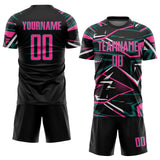 Custom Black Pink Teal-White Abstract Geometric Stripes Sports Sublimation Soccer Uniform Jersey