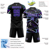 Custom Black Purple Light Blue-White Abstract Geometric Stripes Sports Sublimation Soccer Uniform Jersey