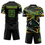 Custom Black Kelly Green Gold-White Abstract Geometric Stripes Sports Sublimation Soccer Uniform Jersey