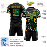 Custom Black Kelly Green Gold-White Abstract Geometric Stripes Sports Sublimation Soccer Uniform Jersey