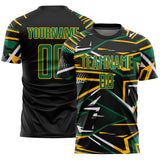 Custom Black Kelly Green Gold-White Abstract Geometric Stripes Sports Sublimation Soccer Uniform Jersey