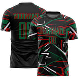 Custom Black Kelly Green Red-White Abstract Geometric Stripes Sports Sublimation Soccer Uniform Jersey