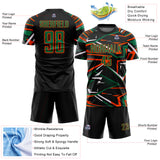 Custom Black Kelly Green Orange-White Abstract Geometric Stripes Sports Sublimation Soccer Uniform Jersey