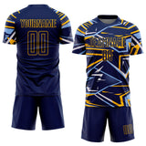Custom Navy Light Blue Gold-White Abstract Geometric Stripes Sports Sublimation Soccer Uniform Jersey