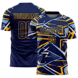 Custom Navy Light Blue Gold-White Abstract Geometric Stripes Sports Sublimation Soccer Uniform Jersey
