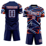 Custom Navy Light Blue Orange-White Abstract Geometric Stripes Sports Sublimation Soccer Uniform Jersey
