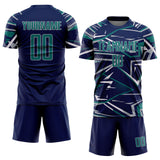 Custom Navy Teal Gray-White Abstract Geometric Stripes Sports Sublimation Soccer Uniform Jersey