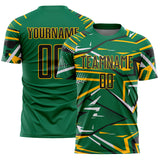 Custom Kelly Green Black Gold-White Abstract Geometric Stripes Sports Sublimation Soccer Uniform Jersey