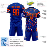 Custom Royal Orange Black-White Abstract Geometric Stripes Sports Sublimation Soccer Uniform Jersey