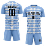 Custom Light Blue Black-White Diamond Harlequin Check Sports Sublimation Soccer Uniform Jersey