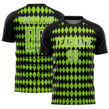 Custom Black Neon Green-White Diamond Harlequin Check Sports Sublimation Soccer Uniform Jersey
