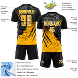 Custom Black Gold-White Gradient Claw Mark Splatter Sports Sublimation Soccer Uniform Jersey