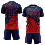 Custom Navy Red Gradient Claw Mark Splatter Sports Sublimation Soccer Uniform Jersey