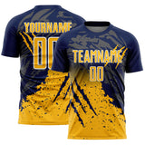 Custom Navy Gold-White Gradient Claw Mark Splatter Sports Sublimation Soccer Uniform Jersey